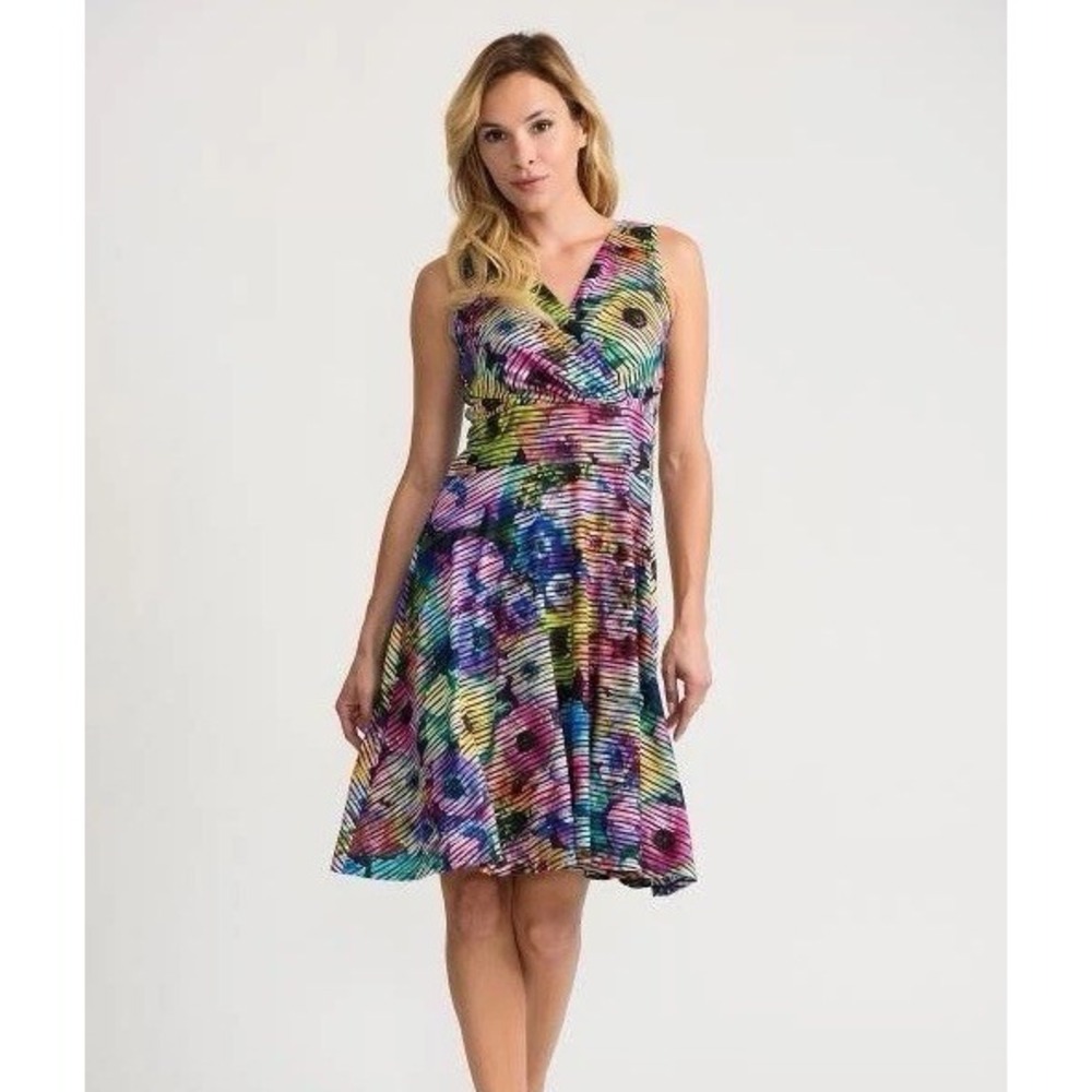 Joseph Ribkoff Watercolor Flowers Multicolor Sleeveless Dress Style 202389 Sz 8